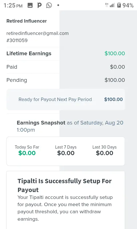 My first affiliate income